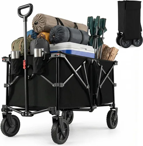 Goplus Carrito plegable de 38 pulgadas, carro de playa plegable de alta resistencia de 400 libras con ruedas todo terreno y 2 portavasos, carrito de