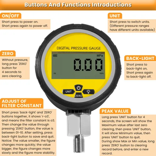 Miniatura 5 de Manómetro de presión hidráulica digital de 10000PSI Sensor de presión Manómetro con conector NPT de 1/4 de pulgada Base Entrada 700BAR/70Mpa 3.15
