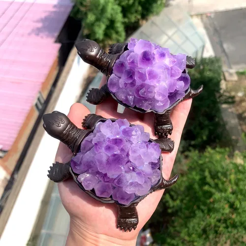 Miniatura 6 de Runyangshi Tortuga de amatista natural de 4.52 pulgadas, tortuga de cristal curativo de brotes de amatista, hecha a mano, decoración del hogar