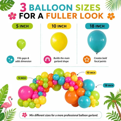 Miniatura 6 de Kit de guirnalda de arco de globos tropicales de verano, 141 globos de látex de color rosado intenso, verde lima, naranja, azul pizarra y amarillo
