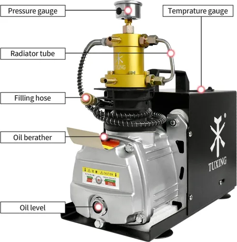 Miniatura 8 de TUXING Compresor de aire Pcp, compresor de buceo de 4500 psi/30 MPa/300 bar, compresor eléctrico de apagado manual con sistema de refrigeración dual