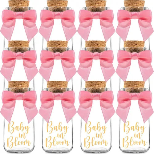 Ethisa Vintage Paquete de 12 Botellas de Vidrio de Leche Baby in Bloom con Cintas y Calcomanías - Elegantes Regalos de Baby Shower para Invitados y