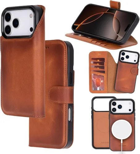 Miniatura 19 de Bayelon Funda tipo cartera para iPhone 15 Pro Max, de cuero de grano completo, cubierta abatible magnética desmontable, tarjetero, funda tipo Marrón