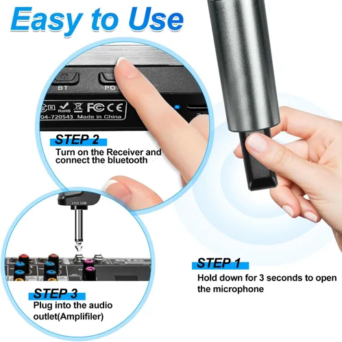 Miniatura 7 de Sistema de karaoke de micrófono inalámbrico con receptor Bluetooth recargable, micrófono inalámbrico dinámico de mano profesional, rango UHF de 200