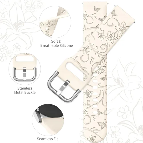Miniatura 3 de Paquete de 3 correas grabadas con flores compatibles con Samsung Galaxy Watch 7 6 5 4 FE Active 2 1.575 in 1.732 in, Watch 6 4 Classic 1.654 in