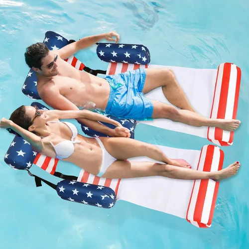 Miniatura 6 de Paquete de 2 flotadores inflables 2 en 1 para piscina con reposabrazos, tumbonas flotantes de tela para piscina, fideos para adultos, silla flotante
