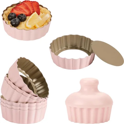 Miniatura 8 de Juego de mini sartenes para tartas, 6 sartenes de 3.6 pulgadas con parte inferior extraíble y manipulador de tartas, sartén extra profunda de 1