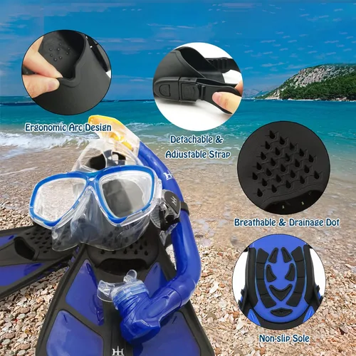 Miniatura 5 de Juego de esnórquel para niños con máscara, aletas, paquetes de esnórquel, con máscara de buceo, esnórquel, aletas ajustables para nadar, bolsa