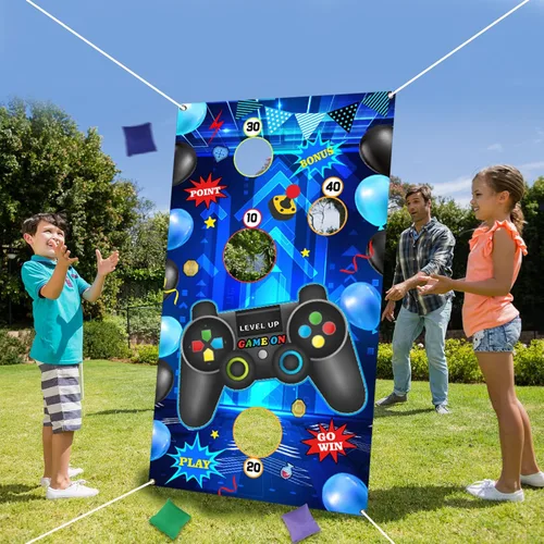 Miniatura 5 de Videojuegos de lanzamiento, control de videojuegos de nivel, telón de fondo con 3 bolsas de frijoles para niños, suministros de fiesta