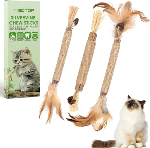 Miniatura 10 de TINDTOP Juguetes masticables para gatos, paquete de 12 palitos masticables Silvervine con 2 bolas de jaula para limpieza de dientes de gatitos