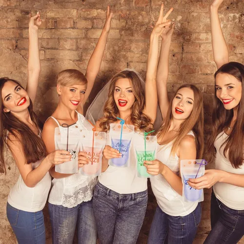 Miniatura 6 de Hoolerry 24 bolsas de bebidas para dama de honor con pajitas, bolsas de bebidas para adultos con alcohol de 17 onzas de mano, tazas traviesas