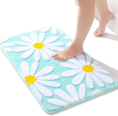 Miniatura 27 de QJHOMO Alfombra de baño azul con diseño de margaritas, decoración de flores blancas y amarillas, alfombra antideslizante de microfibra, súper Azul