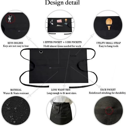Miniatura 4 de AEKTBY Delantales negros con 6 bolsillos, delantal de cintura para camarera unisex, peluquero, limpiador
