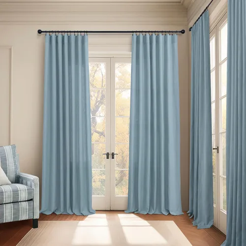 Miniatura 6 de Cortinas de lino azul de 84 pulgadas de largo para sala de estar; juego de 2 paneles con lengüeta trasera; cortinas con dobladillo para barra; Azul