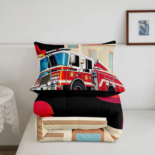 Miniatura 5 de Erosebridal Juego de ropa de cama de camión de bomberos para niños, juego de edredón de vehículo de rescate contra incendios de dibujos animados