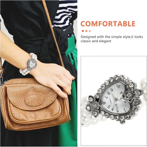 Miniatura 5 de Hemobllo - Reloj de cuarzo para mujer, con perlas elásticas, con esfera de corazón y diamantes de imitación, estilo casual, para niñas, regalo