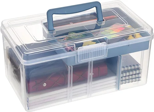BTSKY - Caja de almacenamiento de 2 capas de plástico transparente con bandeja extraíble, caja organizadora multiuso para papelería con asa, caja