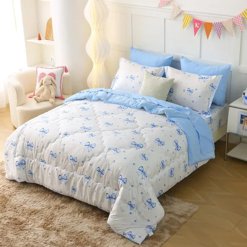 Miniatura 6 de Juego de ropa de cama con lazo para niñas, tamaño matrimonial, 7 piezas, color azul, Kawaii con lazo, cama en una bolsa para niños y adolescentes