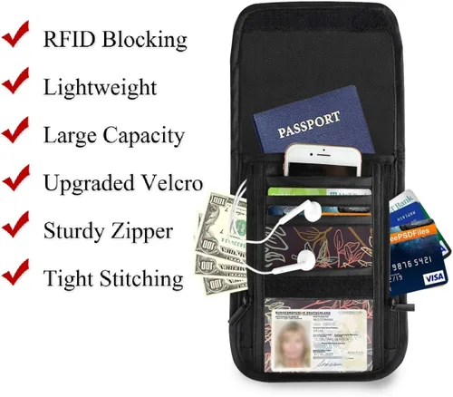 Miniatura 2 de RFID Blocking Travel Neck Wallet - Flower Blossom Rose Peonies Passport Holder Neck Pouch for Women Men Waterproof Cash Documents Crossbody Bags
