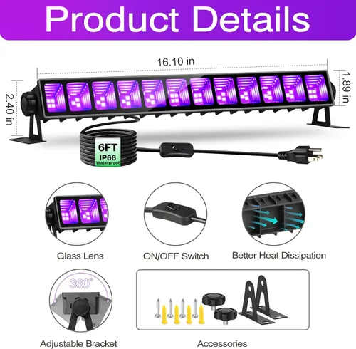 Miniatura 2 de Paquete de 4 barras de luz negra de 40 W, luz LED negra impermeable IP66 con enchufe+interruptor+cable de 6 pies, cada luz de 24 x 24 pies