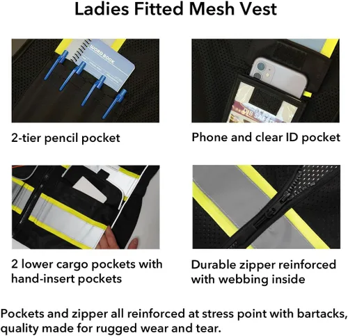 Miniatura 4 de Dib Safety Chaleco de seguridad para mujer con bolsillos, chaleco reflectante de malla de alta visibilidad, ANSI Clase 2 fabricado con cinta Negro
