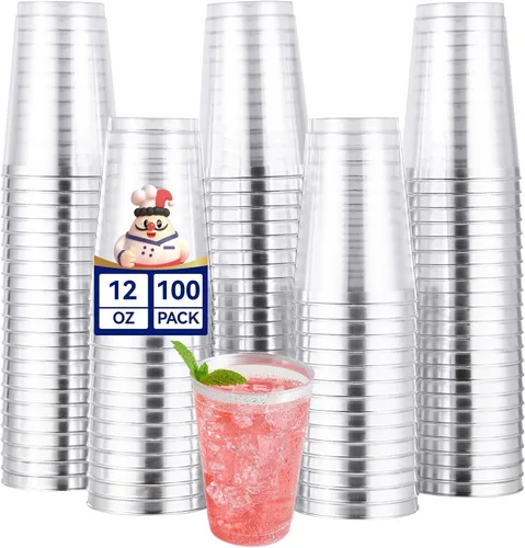 JOLLY CHEF Paquete de 100 vasos desechables de plástico plateado, vasos tipo tumbler de plástico transparente de 12 onzas, elegantes vasos
