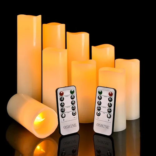 OSHINE Vela LED sin llama, funciona con pilas, juego de 9 pilares parpadeantes con control remoto de 10 teclas y temporizador de 24 horas, velas de