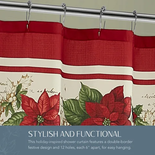 Miniatura 4 de Elrene Home Fashions - Cortina de ducha de tela de Navidad con flores de pascua rojas y blancas, 70 pulgadas x 72 pulgadas
