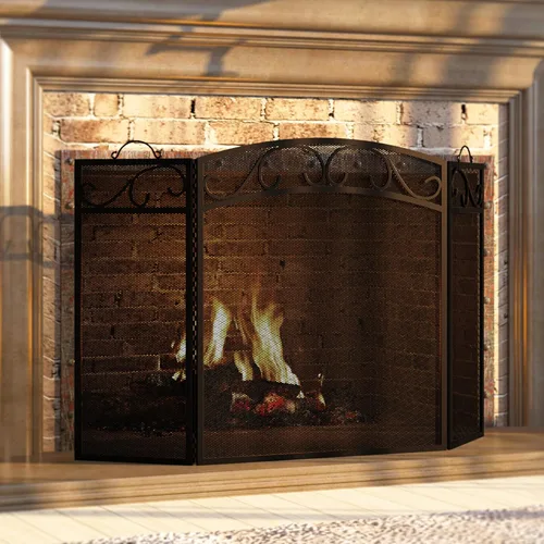 Miniatura 2 de Fire Beauty Pantalla de chimenea 3 paneles con asas de hierro forjado 51 pulgadas (L) x31 (H) Cubierta protectora de chispas (negro)