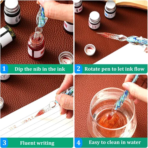 Miniatura 5 de Zonon Juego de 14 bolígrafos sumergidos de vidrio, caligrafía de firma de cristal, incluye 6 bolígrafos de inmersión de vidrio, 6 tintas indias