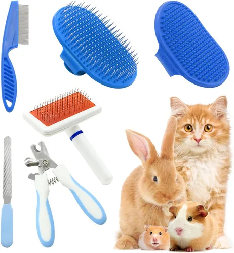 Miniatura 8 de Kit de aseo para gatos con cepillo deslizante para quitar mascotas, cortaúñas, guante de baño para masajes, peine de pulgas para conejos, cachorros