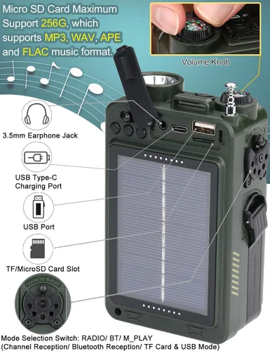 Miniatura 6 de ZHIWHIS Radio de onda corta con Bluetooth, radios de emergencia meteorológica AM/FM/SW/NOAA, manivela/solar/4000mAh/SOS/ruido
