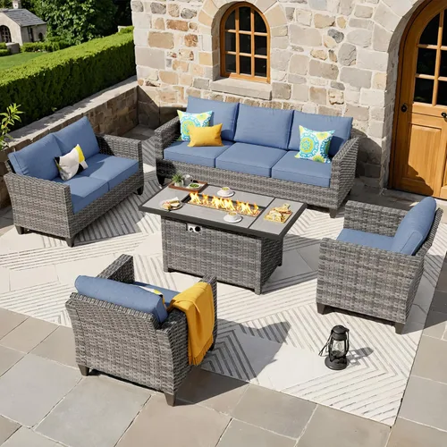 Miniatura 29 de ovios Juego de muebles de patio de 6 piezas, sillas giratorias de mimbre para exteriores con mesa para fogatas de 30 pulgadas, juego de mecedoras