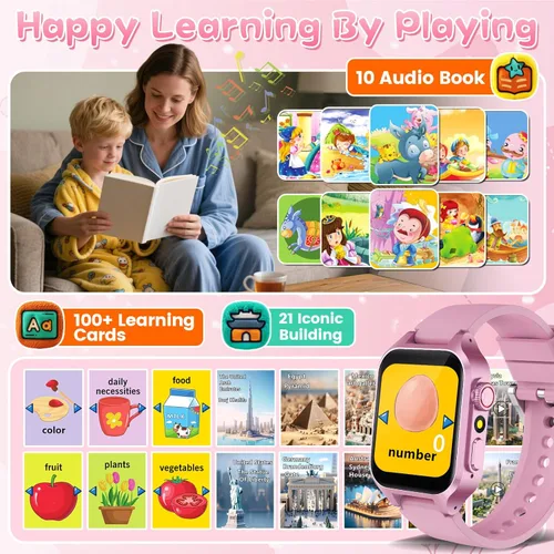 Miniatura 4 de Reloj inteligente de juegos para niños con 32 juegos, cámara telescópica, podómetro, alarma, video, música, audiolibro, tarjeta de aprendizaje, Rosa