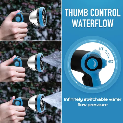 Miniatura 4 de BIBURY Boquilla de manguera de jardín, rociador de manguera de agua de aleación de zinc resistente con 10 patrones y control de pulgar, accesorio