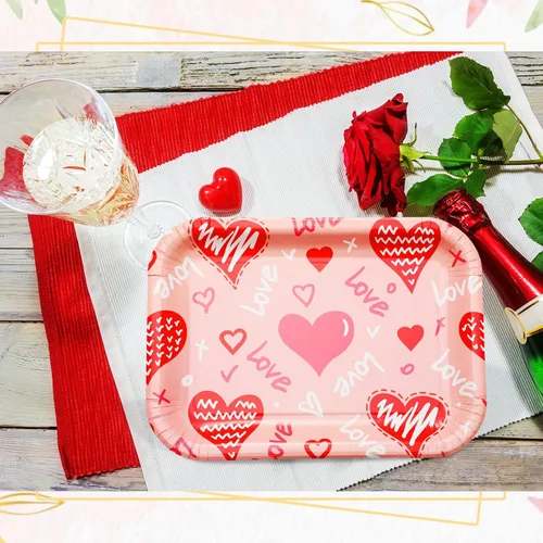 Miniatura 6 de Ziliny 24 platos de papel desechables con forma de corazón, bandejas rectangulares de 13 x 9 pulgadas, bandejas grandes para servir para bodas, Rosa