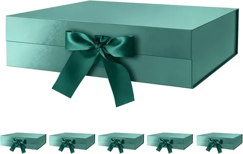 GREEN BEAN 6 cajas de regalo grandes con tapas para regalos de 13 x 9.7 x 3.4 pulgadas, caja de regalo magnética verde de Navidad con cinta, caja de