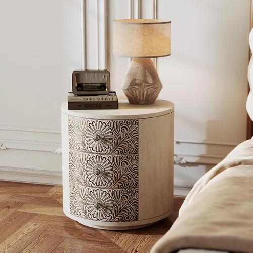 Miniatura 22 de SUNBURY Juego de 2 mesitas de noche vintage, mesa de noche pequeña de madera con cajón y estante abierto, mesa auxiliar de acento shabby para sala