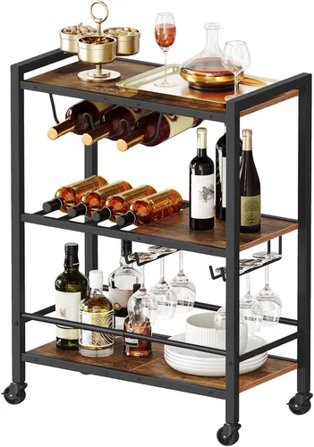 HOOBRO Carrito de bar, carrito de café de 3 niveles con ruedas, carrito de cocina, carrito de vino con estante para vino y soporte para vidrio,