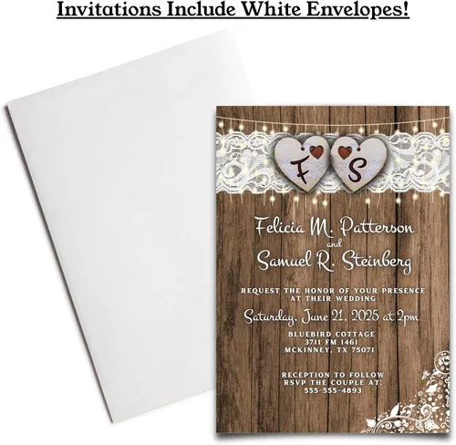 Miniatura 5 de Cantidad de 25 invitaciones de boda País Corazón y sobres de encaje impreso con texto blanco Rustic Theme, Envelopes Included, Printed