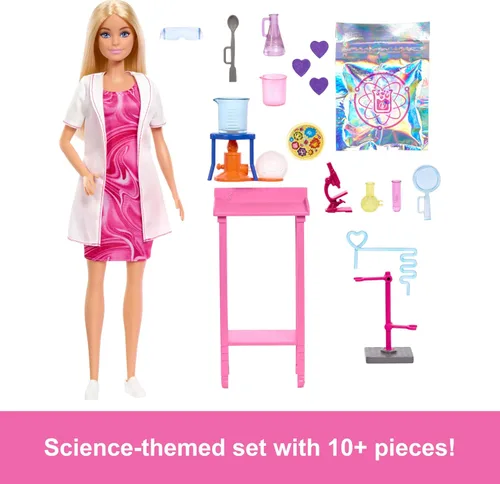 Miniatura 3 de Barbie Muñeca científica y accesorios con muñeca rubia de moda, mesa de laboratorio, microscopio, vaso de precipitados que cambian
