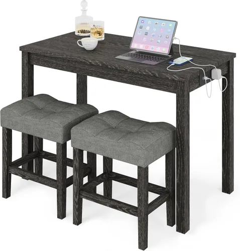 allamazing Juego de Mesa de Bar de Altura de Mostrador de 3 Piezas con Enchufe y 2 Taburetes de Bar Acolchados de Tela, Juego de Mesa de Comedor 1+2