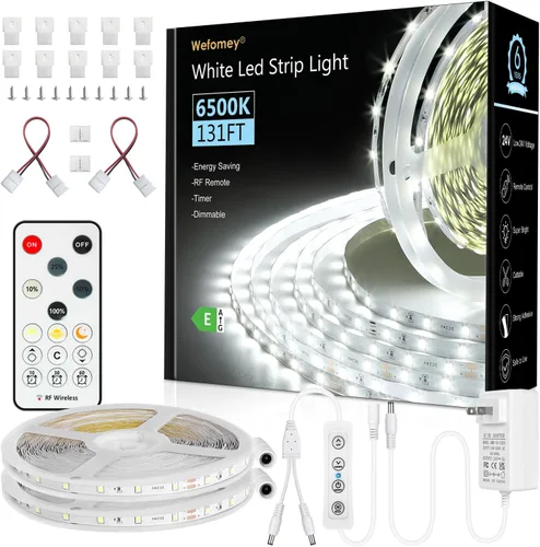 Wefomey Tira de luces LED blancas, tira de luces LED regulables de 24 V de 131 pies, 6500 K, luz blanca brillante, cinta de luces flexibles para