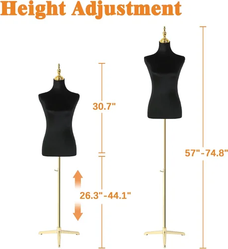 Miniatura 7 de Modista maniquí femenino: torso de medio cuerpo con altura ajustable, terciopelo corto negro esponjoso, base de metal dorado
