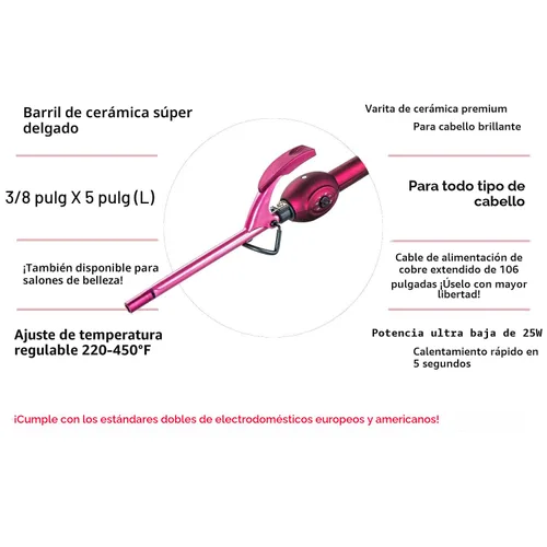 Miniatura 3 de MBHAIR - Rizador de cabello de 9 mm con varita delgada, rizador pequeño de 3/8 pulgadas de barril delgado de cerámica Super Tourmaline profesional