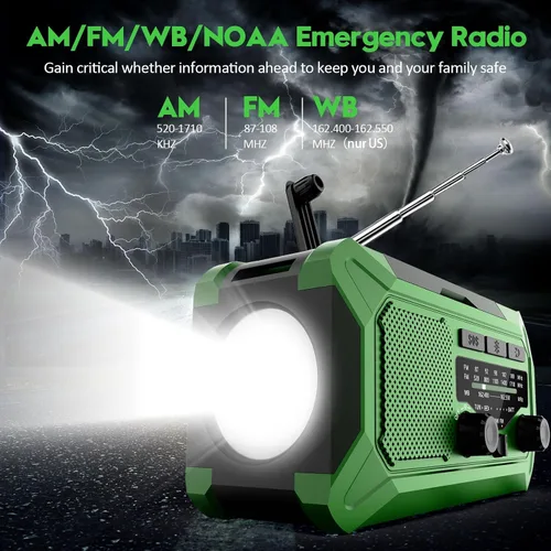 Miniatura 4 de Radio meteorológica con manivela de emergencia, radio solar de 10000 mAh AM/FM/NOAA con cargador de teléfono, carga USB, lámpara de lectura LED