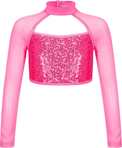 YiZYiF Camiseta deportiva de manga larga con lentejuelas para niños y niñas, estilo hip hop, danza, cuello alto falso, ropa deportiva