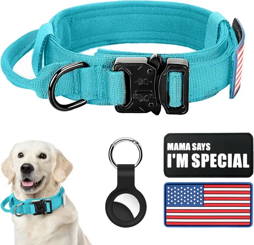 Miniatura 8 de Collar táctico militar para perro, nailon ajustable, hebilla de metal resistente con asa para entrenamiento, parches (verde, XL)