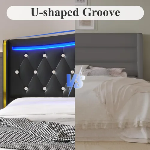 Miniatura 10 de E-Motie Base de cama tamaño completo con cabecera tipo wingback, plataforma tapizada con luces LED RGB, estación de carga, 4 cajones