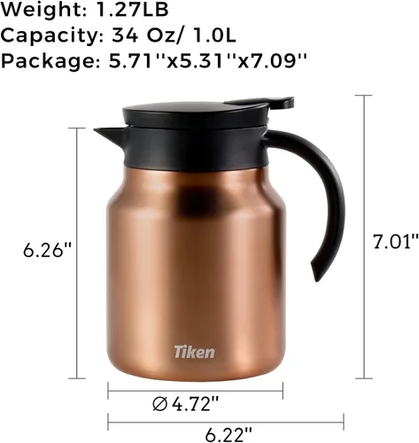 Miniatura 2 de Tiken Servidor de café, jarra térmica de café de 27 onzas líquidas (27.1 fl oz), jarras de café al vacío con aislamiento de acero inoxidable